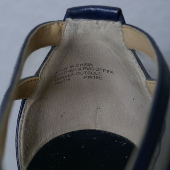 Michael Kors Navy Blue T Strap Sandal Heel Strappy Leather PVC 7M - Picture 9 of 12